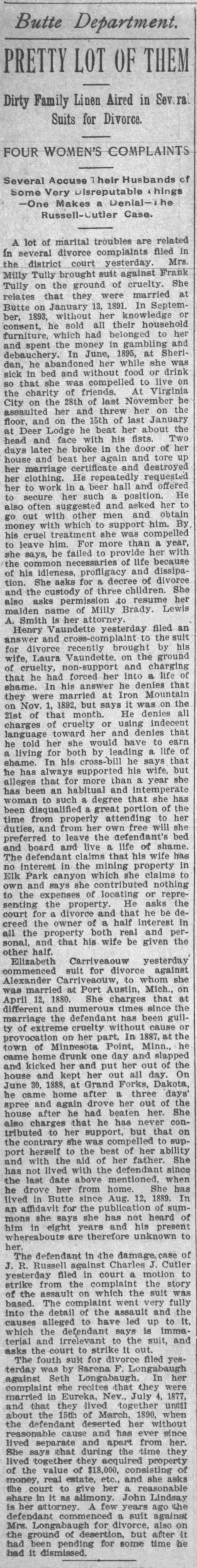 Anaconda Standard 27 Aug 1896 Four Women's Complaints